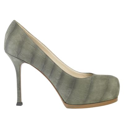Exclusive YSL Platform Low Heel Pump in Multiple Colors of Croco Embossed Suede