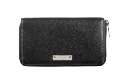 Zip Around Wallet with Metal Engraved Plate in Black Leather