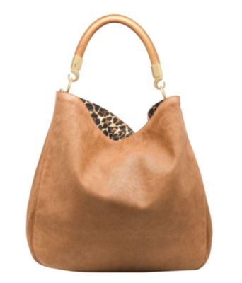 Large Roady in Brown Textured Leather with Leopard Printed Canvas Lining