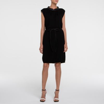 Sleeveless Wool Dress in Black with Leather
