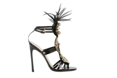 High Heel Black Patent Sandal with Feathers 105 mm