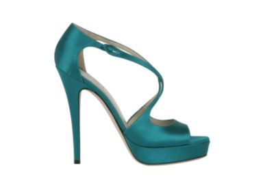 High Heeled Tribute Platform Sandal in Turquoise Satin