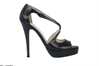 High Heeled Tribute Platform Sandal in Textured Black Patent