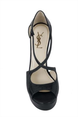 High Heeled Tribute Platform Sandal in Textured Black Patent